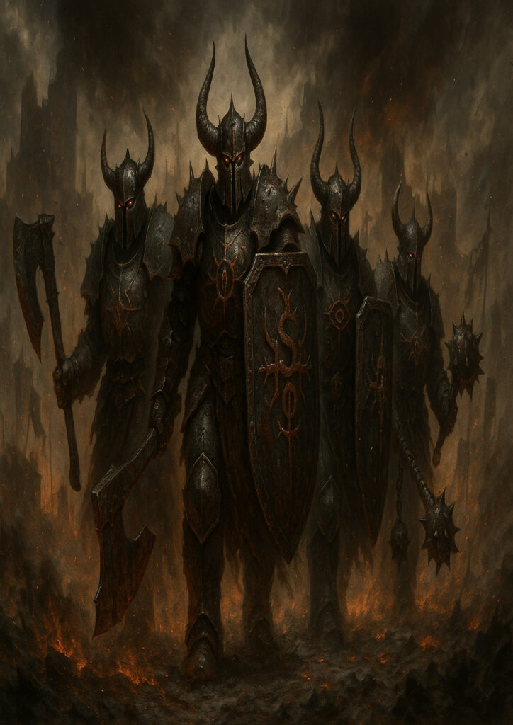 Cinematic warhammer inspired chaos warriors illustration