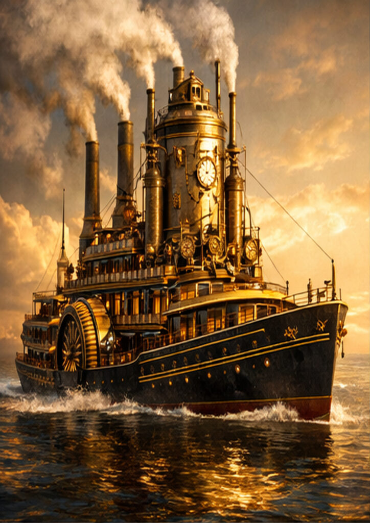 Industrial-style steampunk vehicle artwork depicting a creative mechanical transport concept.