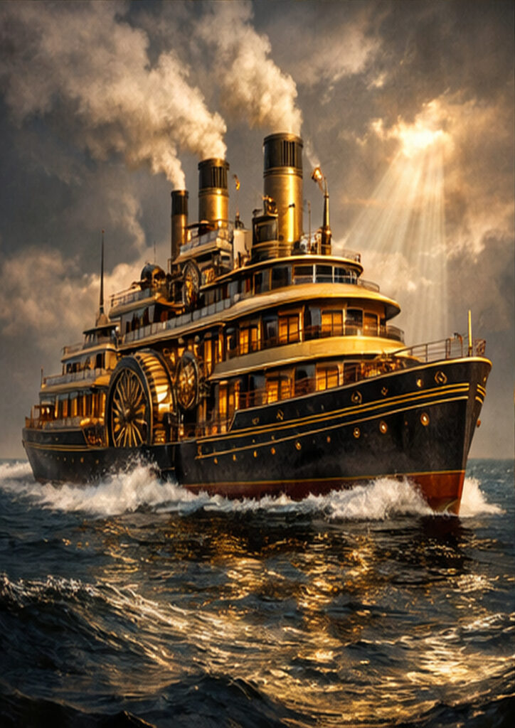 Industrial-style steampunk vehicle artwork depicting a creative mechanical transport concept.