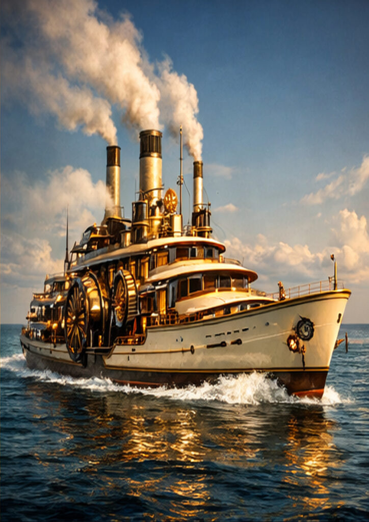 Industrial-style steampunk vehicle artwork depicting a creative mechanical transport concept.