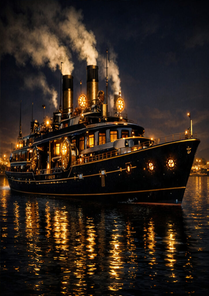 Industrial-style steampunk vehicle artwork depicting a creative mechanical transport concept.