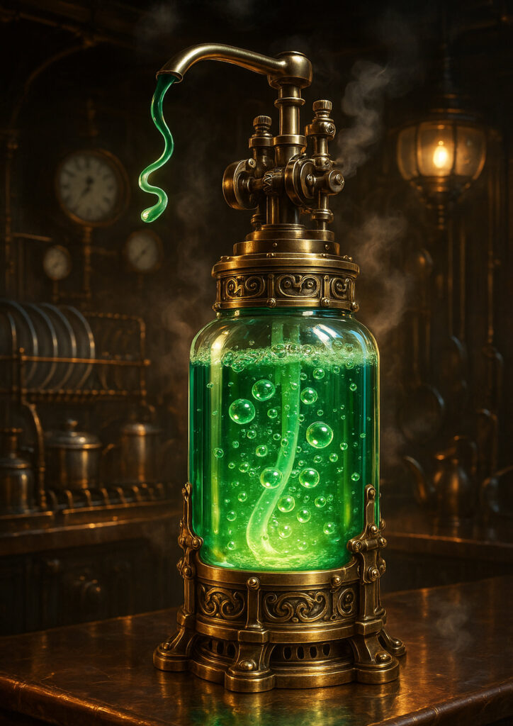 Steampunk reinterpretation of a simple object transformed into a complex mechanical artifact.