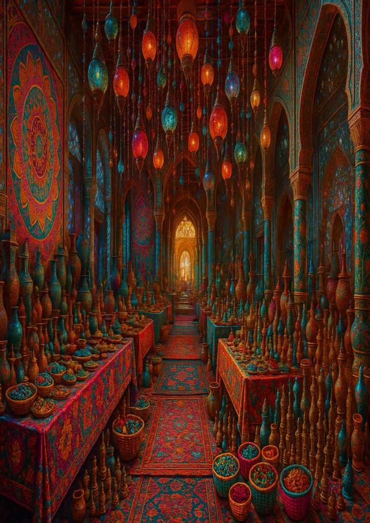 cozy fantasy interior inspired by world cultures