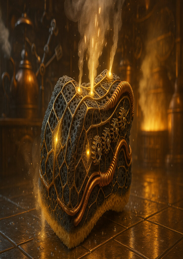 Steampunk reinterpretation of a simple object transformed into a complex mechanical artifact.