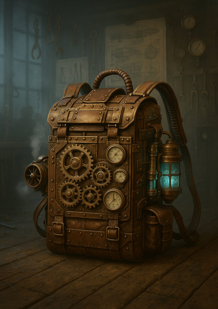 Illustration of a steampunk-inspired everyday item blending mechanical design with industrial aesthetics.