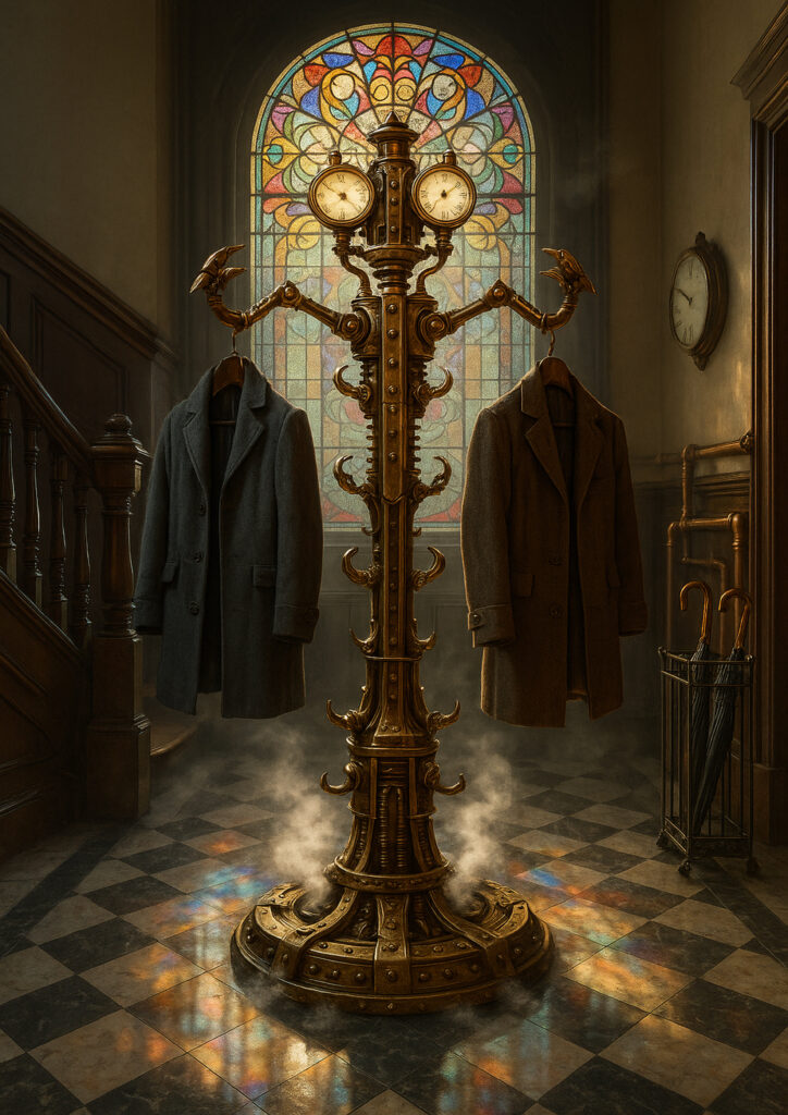 Illustration of a steampunk-inspired everyday item blending mechanical design with industrial aesthetics.