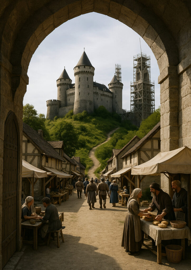 Ultra realistic fantasy castle on rocky landscape, detailed stone textures, dramatic sky, photorealistic castle artwork