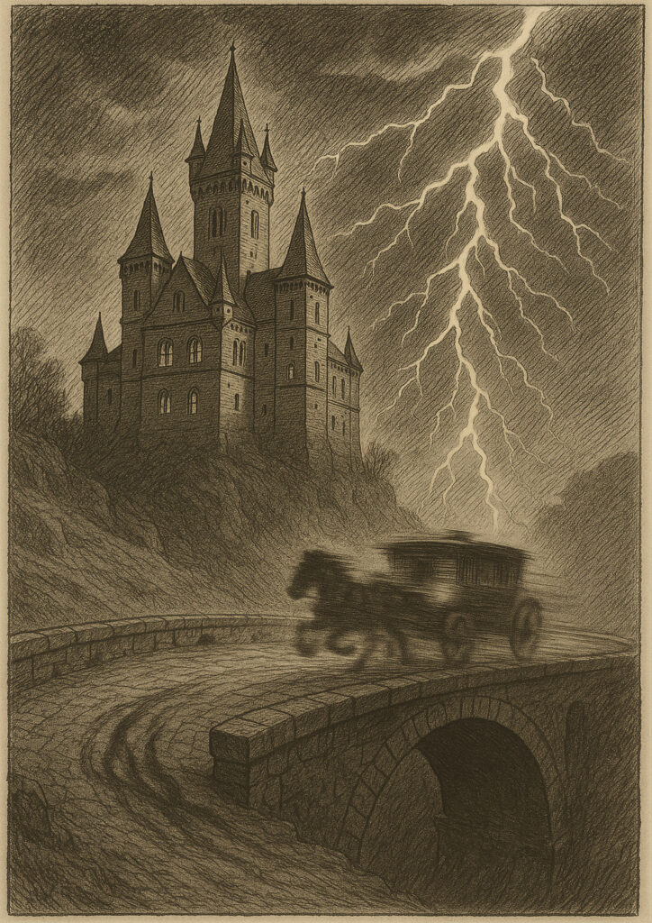 Medieval castle sepia sketch, detailed pencil and ink drawing, historic fortress illustration in antique style