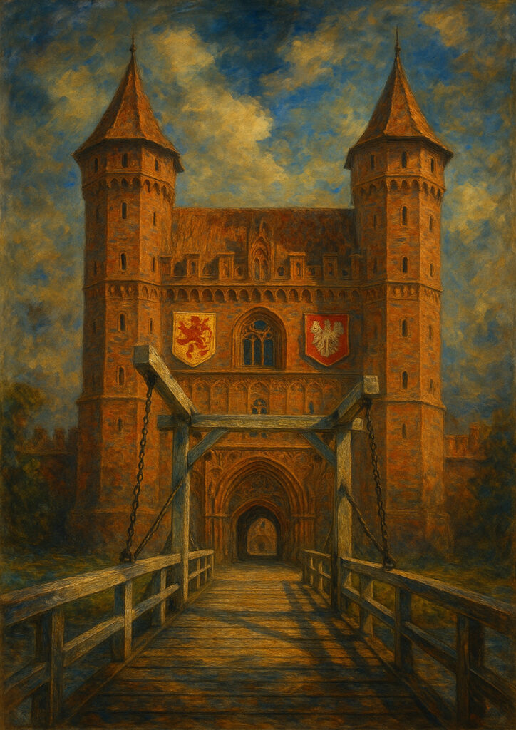Medieval castle in painterly style, textured brushwork, atmospheric fantasy architecture painting