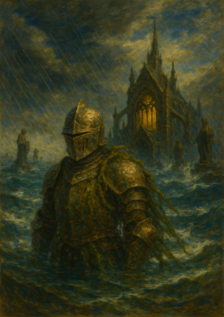 Armored medieval knight with sword and shield, realistic fantasy knight artwork, cinematic lighting, wall art print