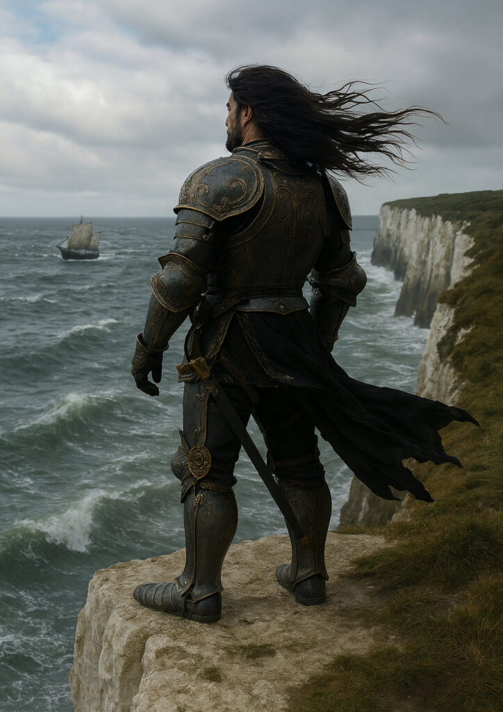 Photorealistic knight warrior wearing detailed plate armor, realistic medieval fantasy character, high quality wall art print