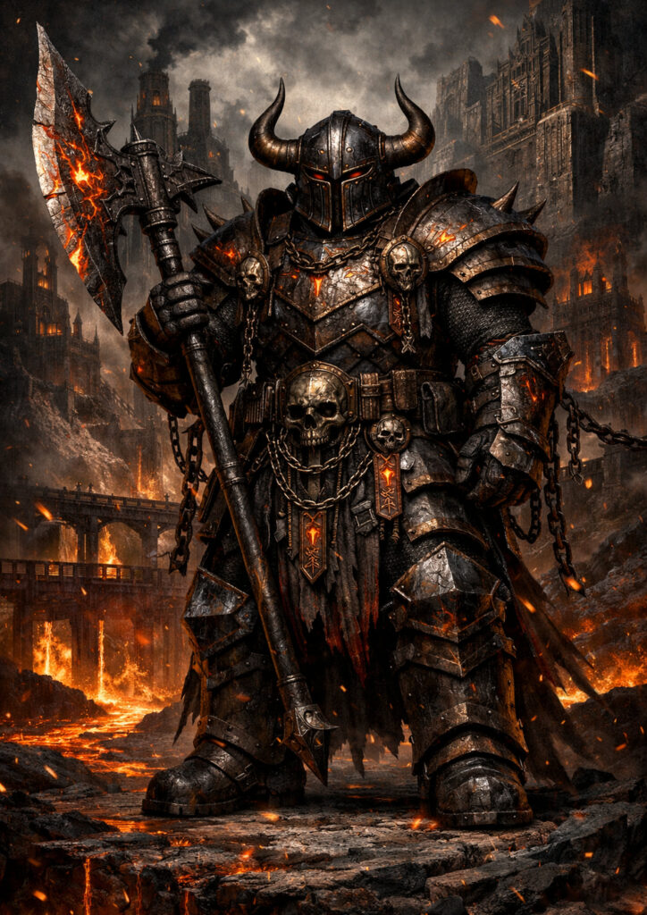 Cinematic warhammer inspired chaos dwarfs illustration