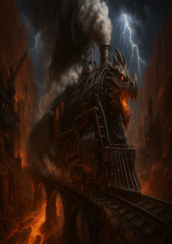 Industrial-style steampunk vehicle artwork depicting a creative mechanical transport concept.