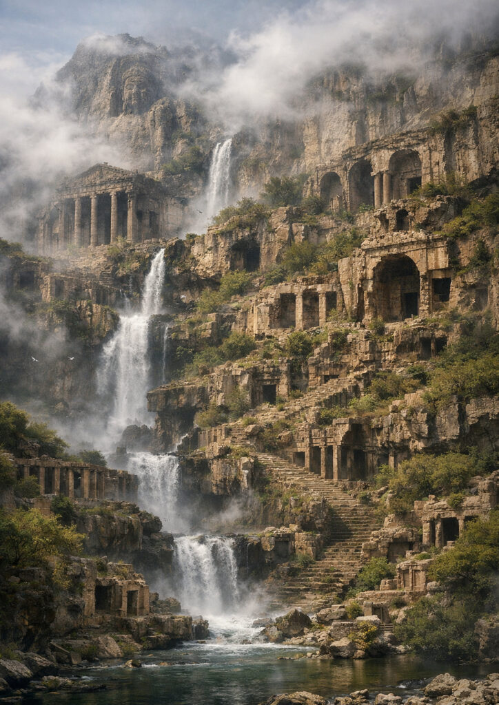 photorealistic ruins landscape with crumbling buildings