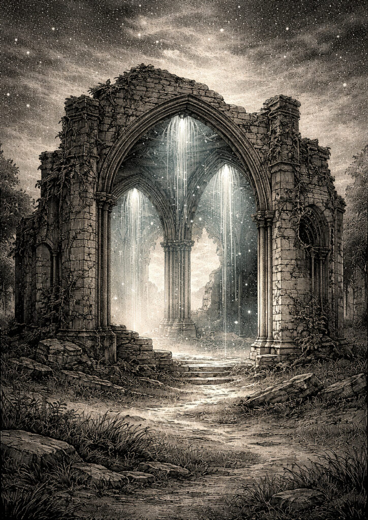 ruins landscape sketch illustration with ruined landscape