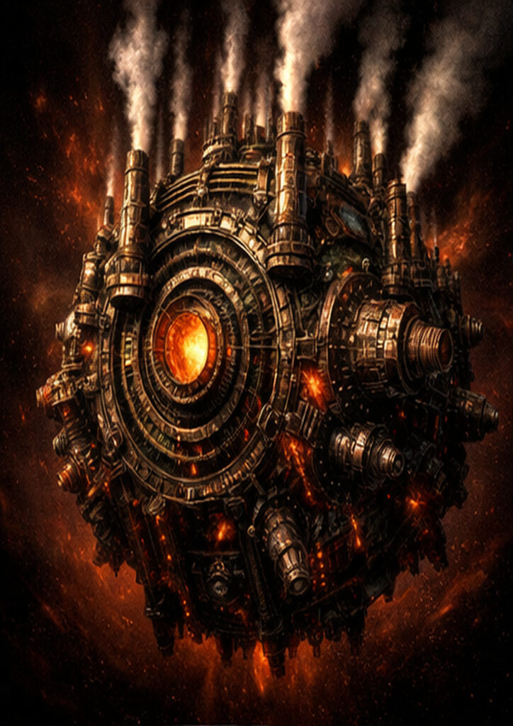 Steampunk vehicle illustration focused on detailed machinery, steam engines, and retro-futuristic design.