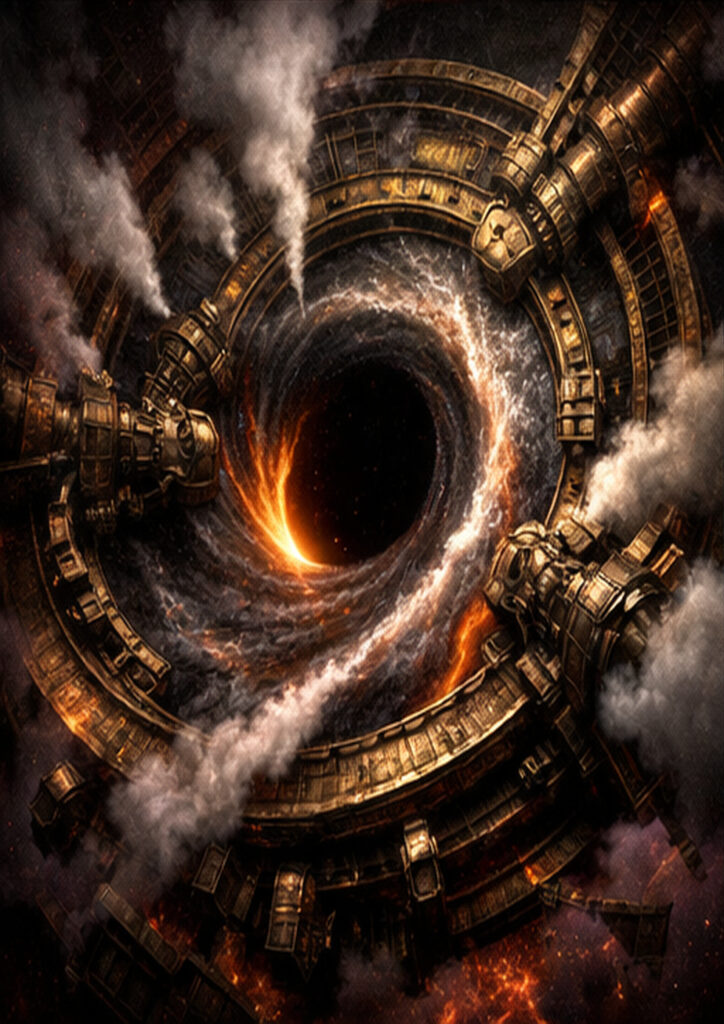 Steampunk vehicle illustration focused on detailed machinery, steam engines, and retro-futuristic design.