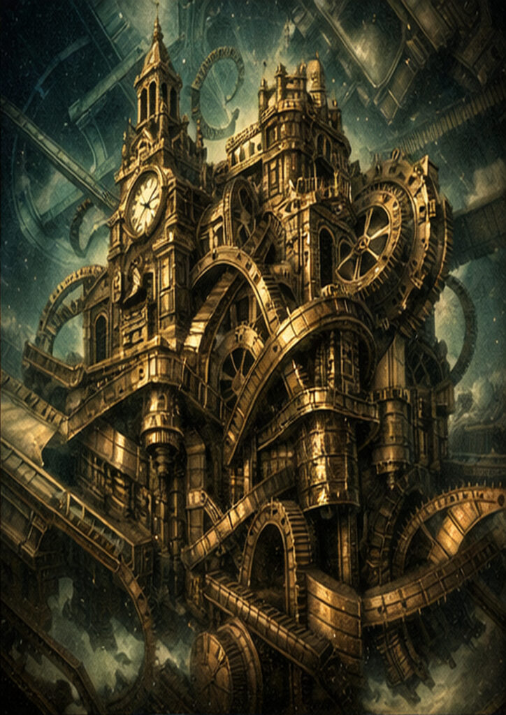 Steampunk vehicle illustration focused on detailed machinery, steam engines, and retro-futuristic design.