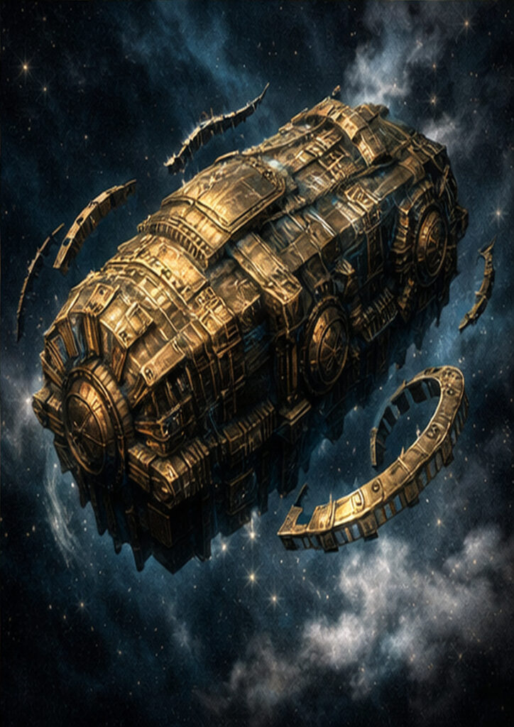 Steampunk vehicle illustration focused on detailed machinery, steam engines, and retro-futuristic design.