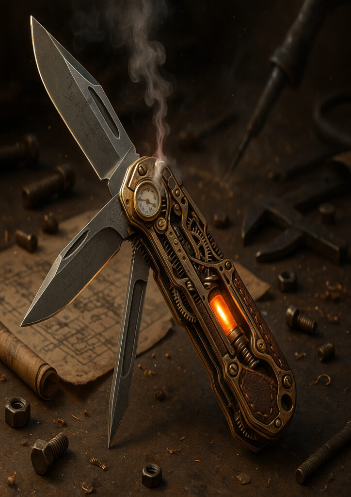 Illustration of a steampunk-inspired everyday item blending mechanical design with industrial aesthetics.