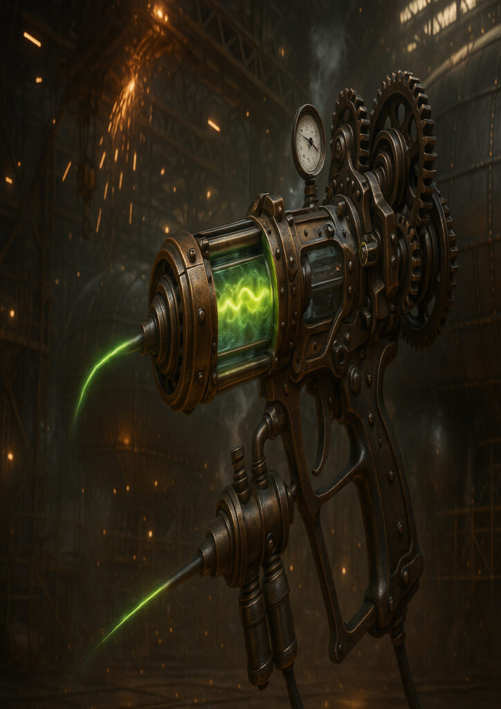 Steampunk illustration of a common item enhanced with industrial machinery and steam elements.