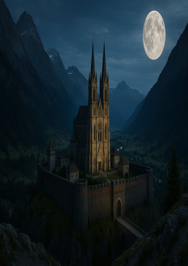 Ultra realistic fantasy castle on rocky landscape, detailed stone textures, dramatic sky, photorealistic castle artwork