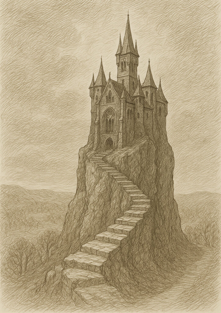 Medieval castle sepia sketch, detailed pencil and ink drawing, historic fortress illustration in antique style