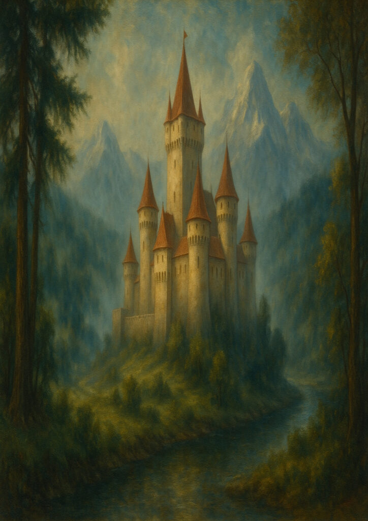 Medieval castle in painterly style, textured brushwork, atmospheric fantasy architecture painting