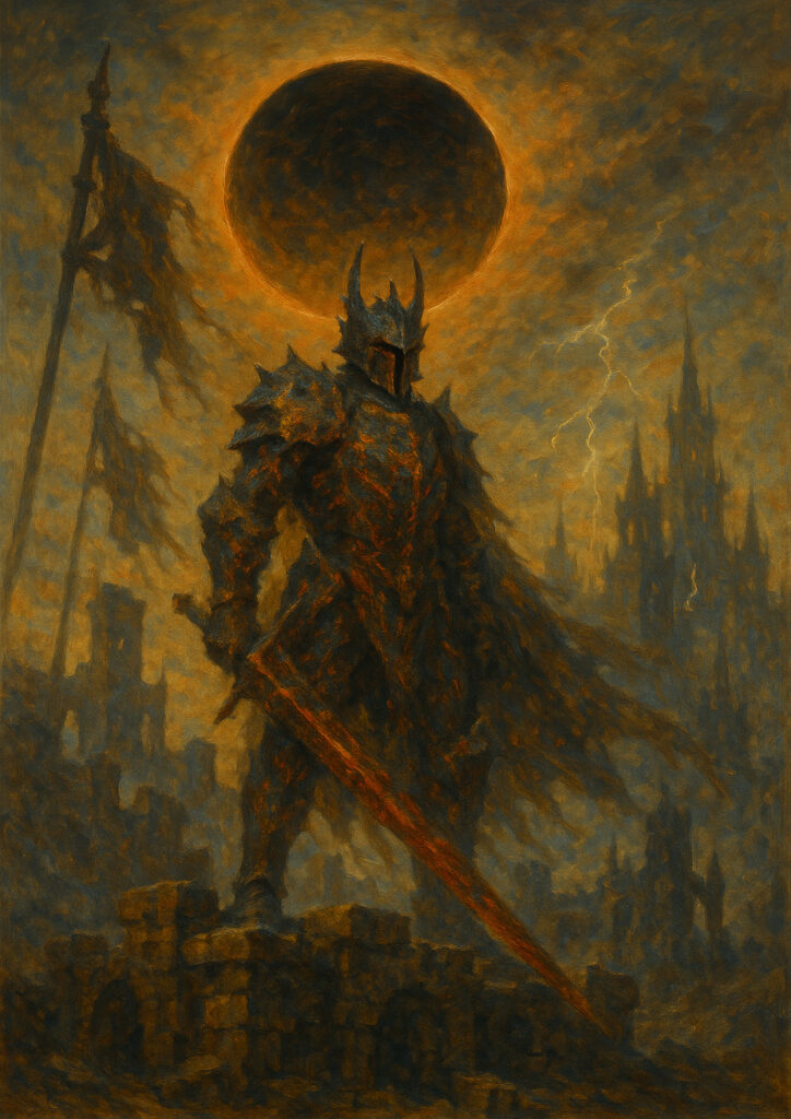 Armored medieval knight with sword and shield, realistic fantasy knight artwork, cinematic lighting, wall art print