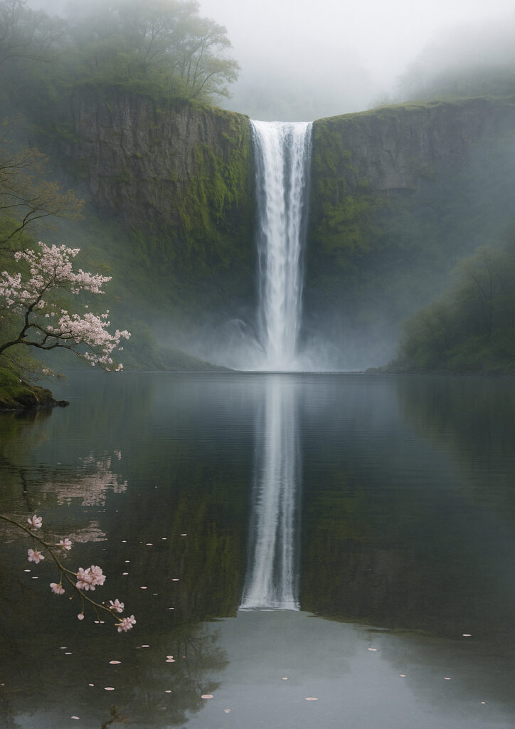 photorealistic waterfall scenery with rocky cliffs