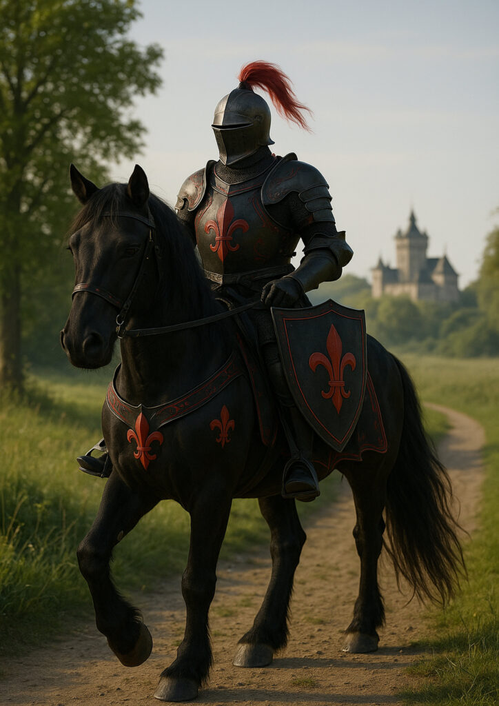 Photorealistic knight warrior wearing detailed plate armor, realistic medieval fantasy character, high quality wall art print