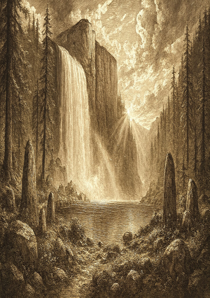 ink waterfall artwork showing cascading streams