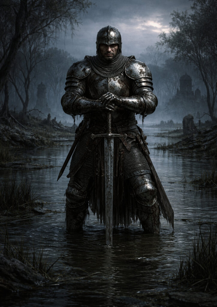 Epic warhammer inspired knights battlefield scene