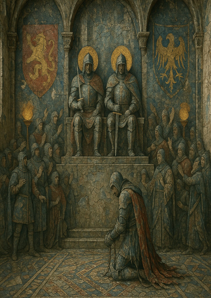 Traditional medieval fresco painting style, worn plaster wall, historic European mural illustration