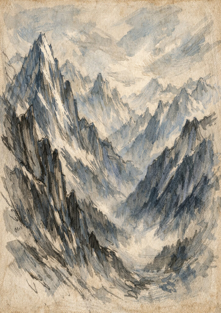 mountain landscape artwork with atmospheric mountains