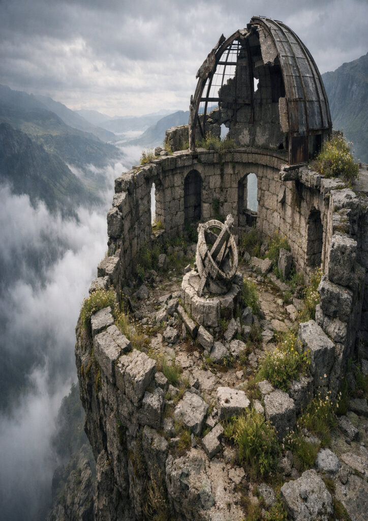 photorealistic ruins landscape with crumbling buildings