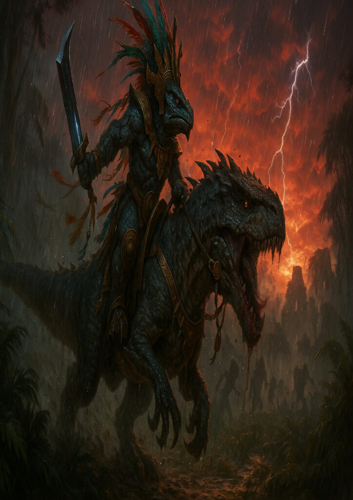 Epic warhammer inspired lizardmen battlefield scene