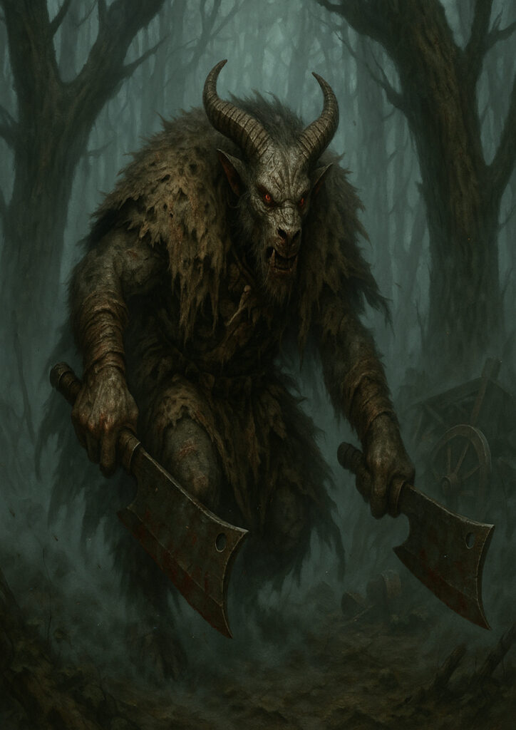 Dark fantasy beastmen with warhammer influence