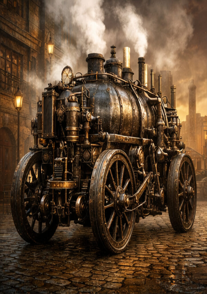 Illustration of a steampunk vehicle combining industrial aesthetics with imaginative mechanical construction.