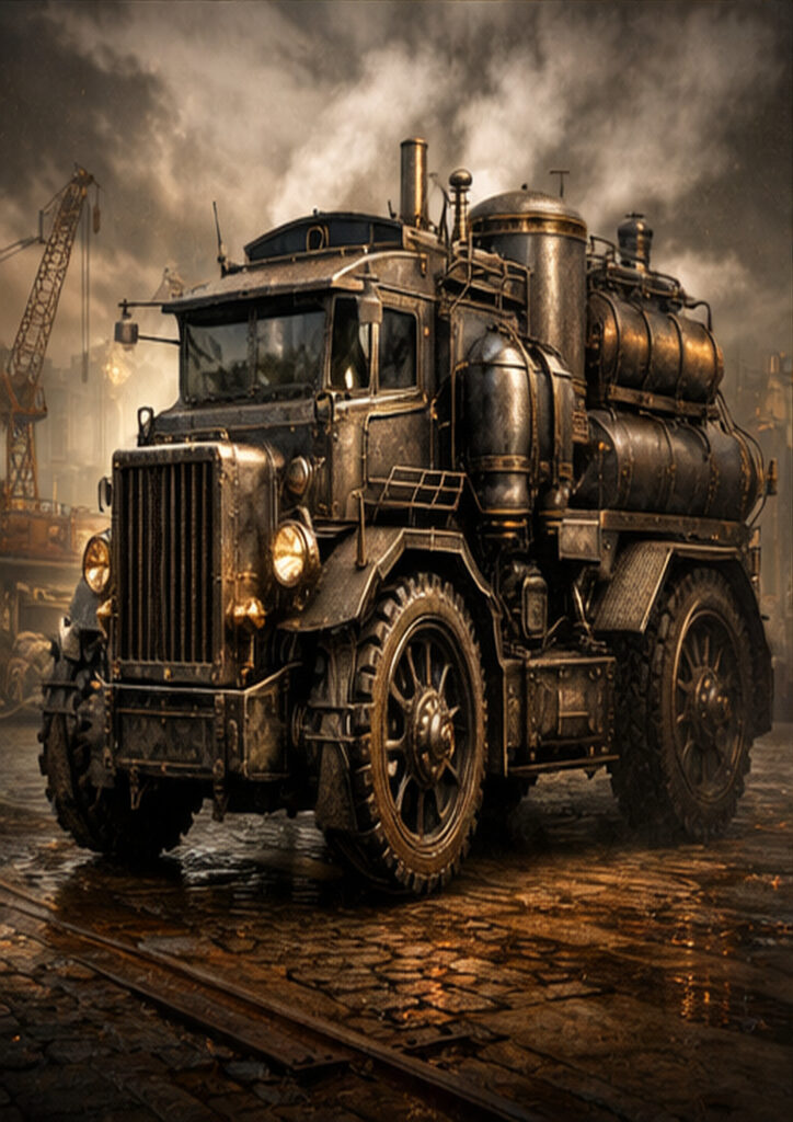 Illustration of a steampunk vehicle combining industrial aesthetics with imaginative mechanical construction.