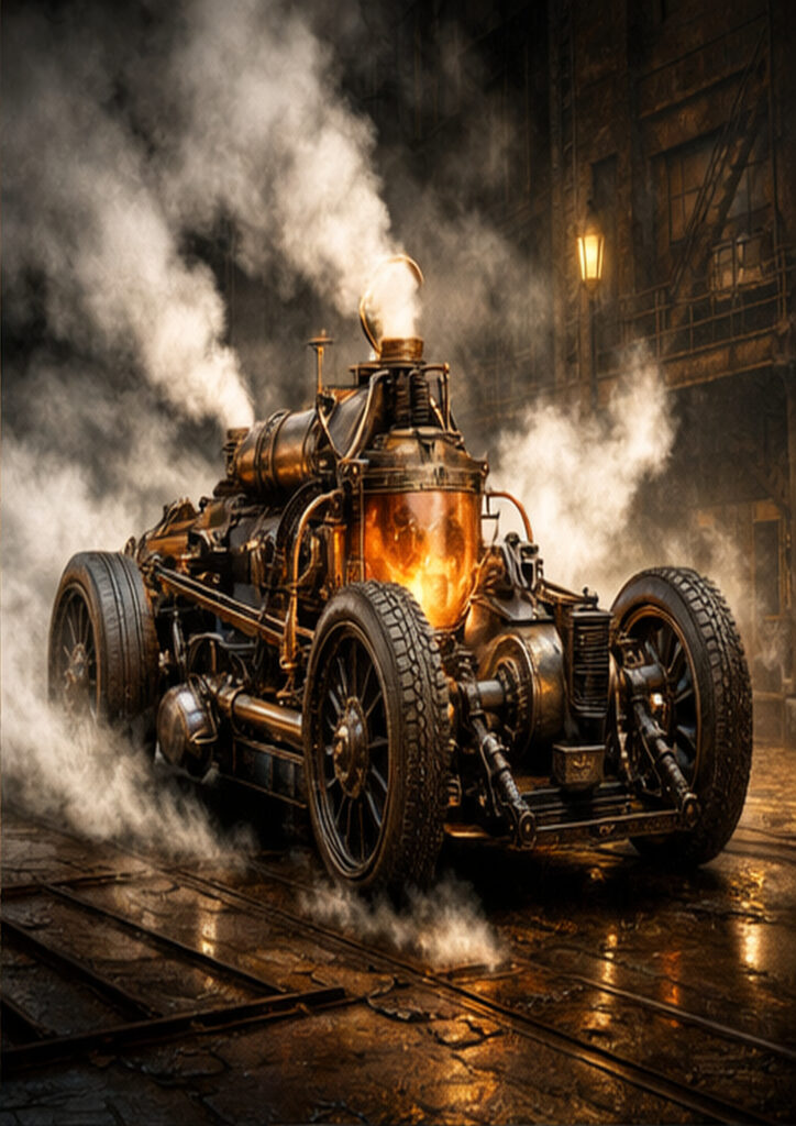 Illustration of a steampunk vehicle combining industrial aesthetics with imaginative mechanical construction.