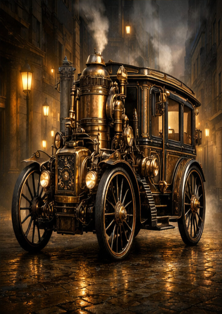 Illustration of a steampunk vehicle combining industrial aesthetics with imaginative mechanical construction.