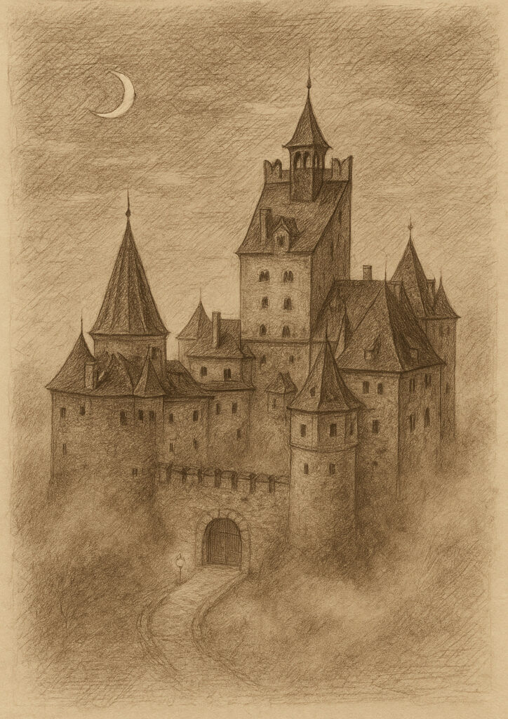 Medieval castle sepia sketch, detailed pencil and ink drawing, historic fortress illustration in antique style