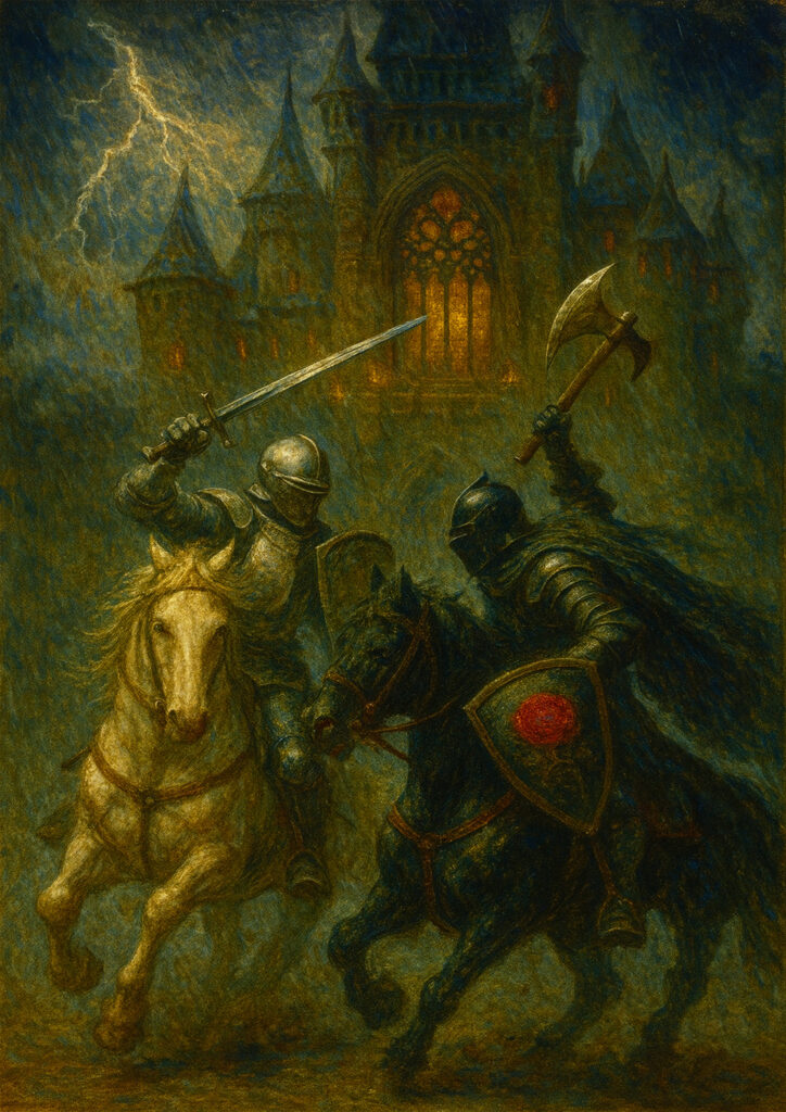 Armored medieval knight with sword and shield, realistic fantasy knight artwork, cinematic lighting, wall art print
