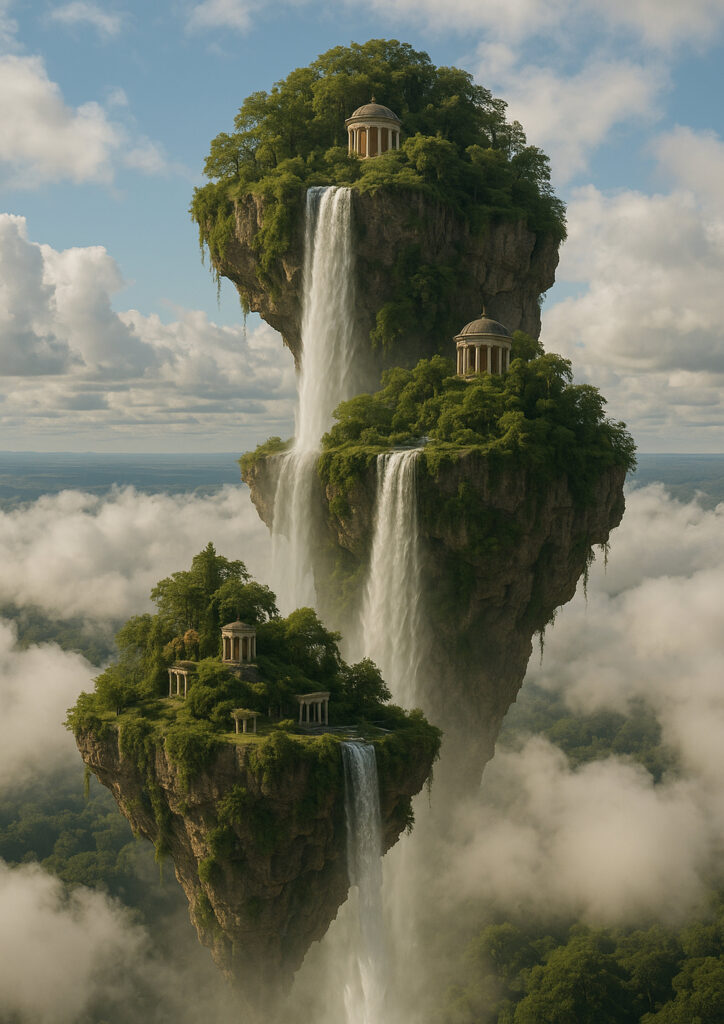 photorealistic waterfall scenery with rocky cliffs