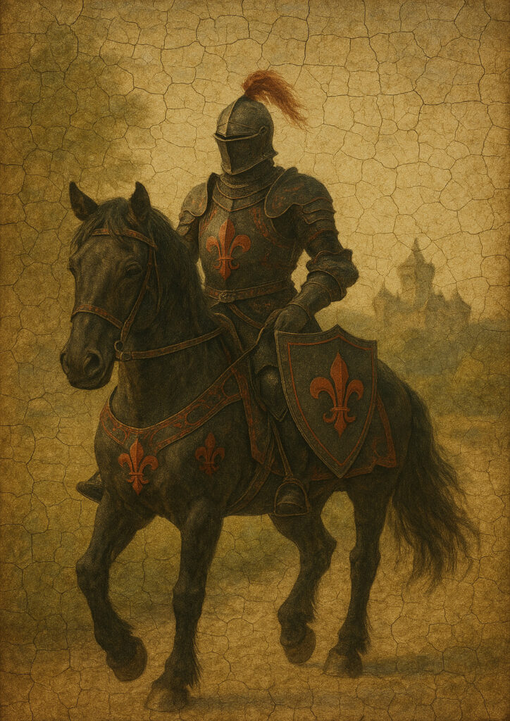 Medieval knight fresco style artwork, aged plaster wall texture, historic knight illustration inspired by medieval fresco painting Knight painted in medieval fresco style, weathered wall mural look, classic historical knight artwork with aged colors