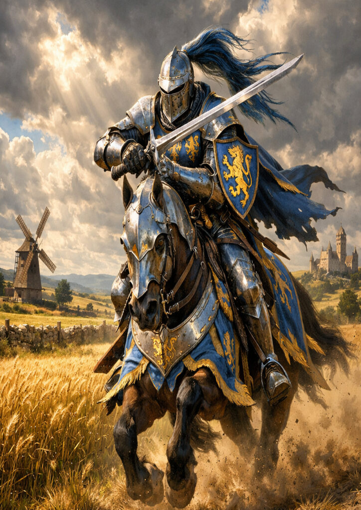 Epic warhammer inspired knights battlefield scene