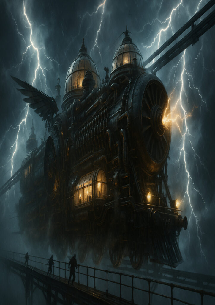 Illustration of a steampunk vehicle combining industrial aesthetics with imaginative mechanical construction.