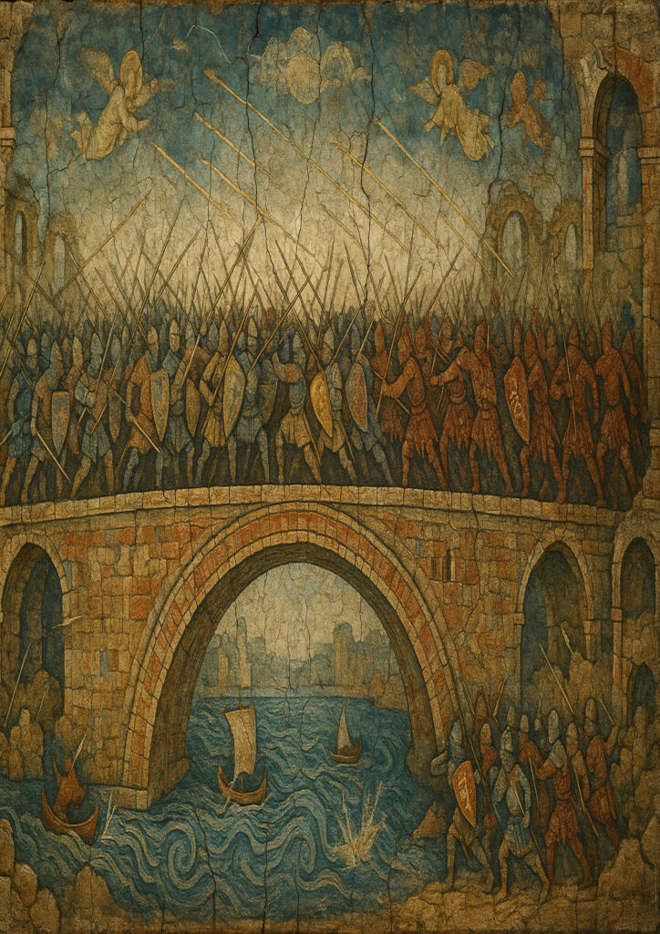 Traditional medieval fresco painting style, worn plaster wall, historic European mural illustration