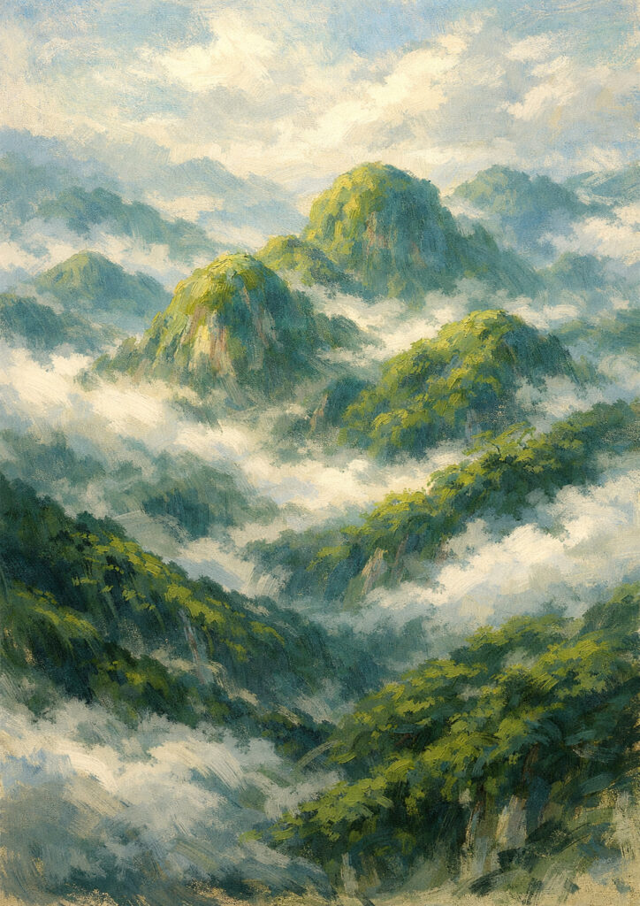 mountain landscape artwork with atmospheric mountains